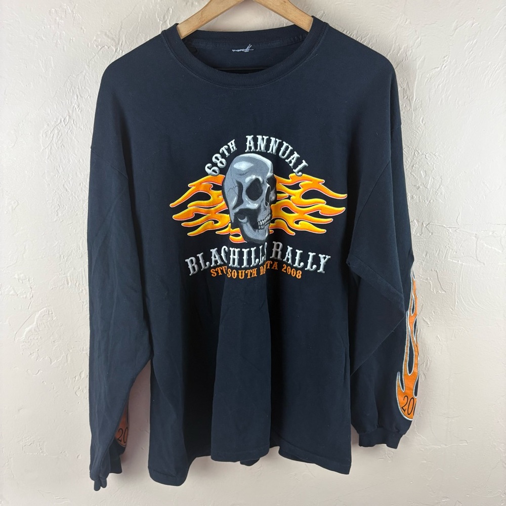 Black Long Sleeve Tee Orange Flames Skull Sturgis Bike Rally 68th Anniversary